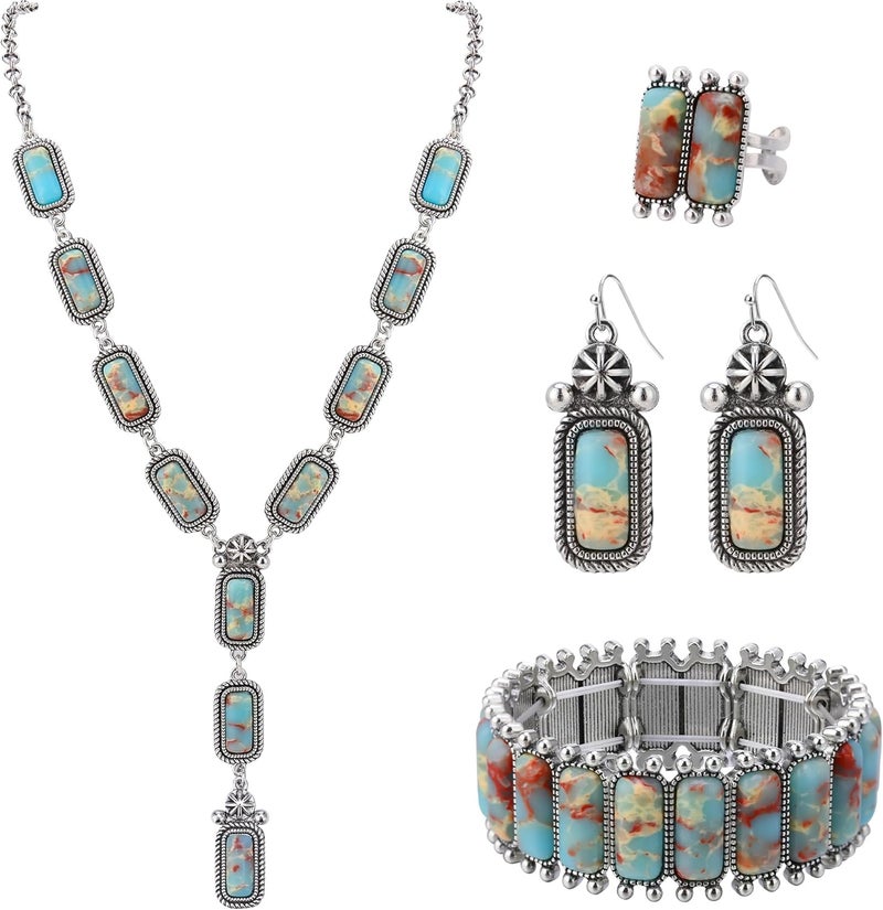 JMScape 4 PCS Western Turquoise Jewelry for Women Boho Vintage Navajo Pearl Necklace Earring Bracelet Ring Set Country Cowgirl Accessories for Gift - Image 1